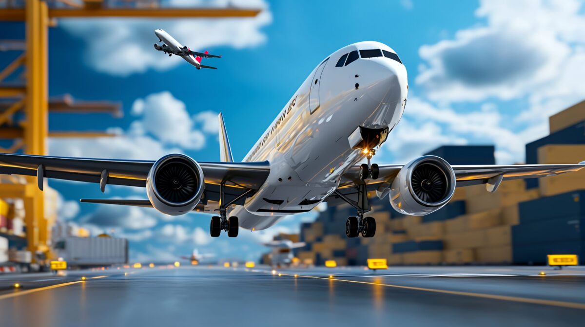Airplane landing on runway, with a smaller plane in the background flying overhead.